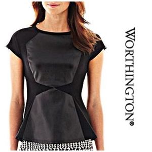 Worthington Faux Leather Peplum Top Black Size M